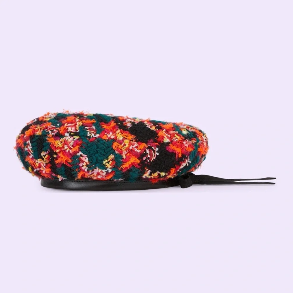 NWT GUCCI LAME BERET CAP Check Lame Sz S Multicolour Orange Tweed